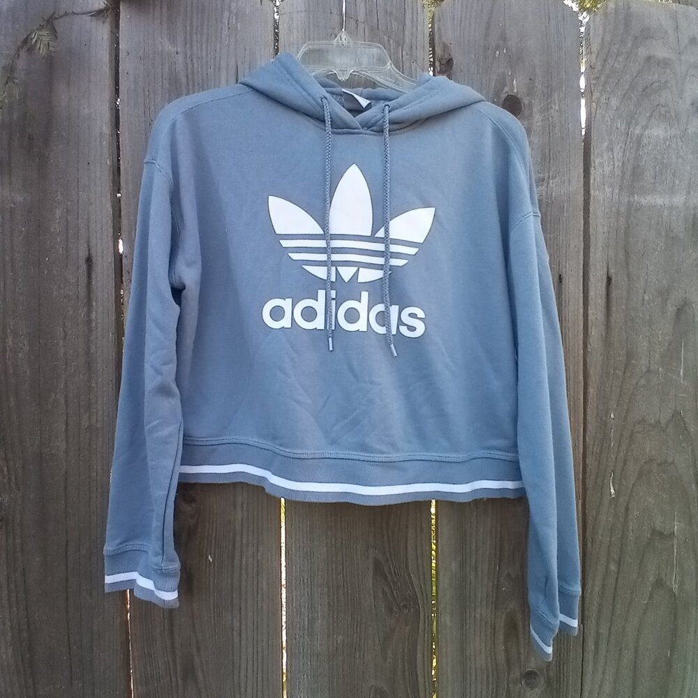 ADIDAS Active Icons Slate Light Blue Women Crop Hoodie M Pullover Long Sleeves